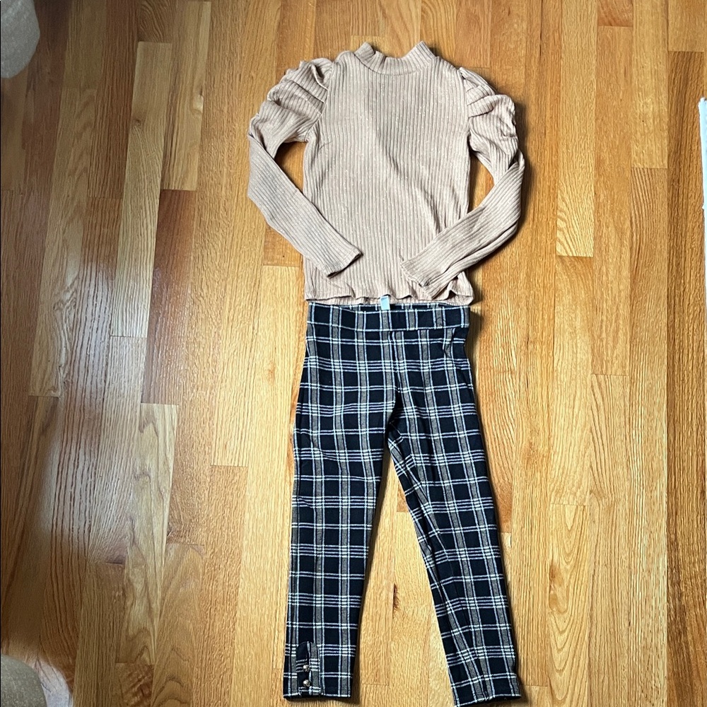 Janie and Jack Beige Ribbed Top with Plaid Leggings